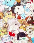  1boy 1girl absurdres black_eyes black_hair collared_shirt hand_over_eye highres medium_hair mush_machou one_eye_covered original shirt short_hair stuffed_animal stuffed_bunny stuffed_cat stuffed_dog stuffed_horse stuffed_sheep stuffed_toy teddy_bear traditional_media upper_body watercolor_(medium) white_hair white_shirt 