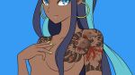  1girl arm_tattoo blue_background blue_eyes blue_hair breasts closed_mouth commentary earrings gen_1_pokemon goldeen hair_over_breasts hand_on_own_chest hoop_earrings jewelry light_blue_hair long_hair looking_at_viewer medium_breasts multicolored_hair nail_polish nessa_(pokemon) panasonynet pokemon pokemon_(game) pokemon_swsh shoulder_tattoo sidelocks simple_background smile solo tattoo topless two-tone_hair upper_body yellow_nails 