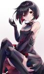  1girl absurdres bangs bare_shoulders black_dress black_eyes black_gloves black_hair black_legwear bob_cut bright_pupils colored_inner_hair commentary dress elbow_gloves gloves hair_between_eyes hair_strand hand_on_lap hand_up highres knees_up monogatari_(series) multicolored_hair oshino_ougi pale_skin red_hair short_hair simple_background sitting smile solo thighhighs two-sided_fabric white_background yuunamida_uyu 