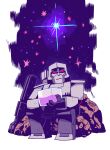  1980s_(style) 1boy absurdres arm_cannon cannon chibi decepticon energon energon_cube expressionless gun highres male_focus megatron muzzle night night_sky p38 rariatto_(ganguri) red_eyes retro_artstyle rock sitting sky star_(sky) stern transformers weapon 