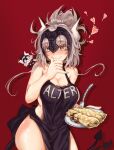 1girl alternate_costume apron blush closed_eyes collarbone contrapposto eyelashes fang fate/grand_order fate_(series) food halterneck headpiece heart highres horns jeanne_d&#039;arc_(alter)_(fate) jeanne_d&#039;arc_(fate)_(all) looking_at_viewer pancake ponytail red_background ru_251 silver_hair single_horn smile tail tail_wagging yellow_eyes 