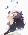  1girl animal bangs black_hair black_jacket bug butterfly from_side grey_background insect jacket kimetsu_no_yaiba kochou_shinobu looking_away looking_up parted_bangs partially_submerged pig_ggul profile purple_eyes ripples solo upper_body water 