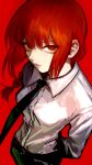  1girl black_neckwear black_pants braid breasts chainsaw_man collared_shirt highres lips looking_at_viewer makima_(chainsaw_man) necktie pants purin_(iddunpg) red_background red_eyes red_hair red_theme ringed_eyes shirt solo white_shirt wing_collar 