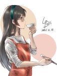 apron artist_logo black_hair commentary_request dated green_eyes green_hairband hairband highres kantai_collection ld_(luna_dial398) long_hair one-hour_drawing_challenge ooyodo_(kancolle) orange_apron saucer semi-rimless_eyewear under-rim_eyewear white_background 