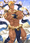 1boy abs armlet bara bare_pectorals blonde_hair brown_hair bulge cloud crossed_arms dark-skinned_male dark_skin facial_hair feet_out_of_frame floating floating_object goatee gumroad_username gyee jewelry kienbiu large_pectorals long_sideburns male_focus mature_male minamoto_no_raikou_(gyee) muscular muscular_male navel necklace nipples orange_eyes orange_hair patreon_username pectorals pelvic_curtain pointy_ears revealing_clothes reward_available see-through short_hair sideburns solo sparkle stomach thighs twitter_username 