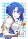  !? 1girl ^^^ armor blue_eyes blue_hair blush catria_(fire_emblem) commentary_request elbow_gloves fingerless_gloves fire_emblem fire_emblem:_mystery_of_the_emblem fire_emblem_heroes gloves headband hiyori_(rindou66) looking_at_viewer open_mouth pegasus_knight short_hair solo spoken_interrobang surprised 