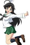  1girl :d ahoge arms_up bangs black_eyes black_hair black_legwear black_neckwear blouse brown_footwear commentary eyebrows_visible_through_hair full_body girls_und_panzer green_skirt highres isuzu_hana jumping legs_up loafers long_hair long_sleeves looking_at_viewer miniskirt neckerchief ooarai_school_uniform open_mouth outstretched_arms pleated_skirt sailor_collar school_uniform serafuku shoes simple_background skirt smile socks solo spread_arms wakku_kan white_background white_blouse white_sailor_collar 
