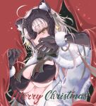  1girl ahoge alternate_costume animal_ears bell bikini blonde_hair blush breasts capelet christmas covering_face curtains eyebrows_visible_through_hair fate/grand_order fate_(series) fur fur_trim gloves headpiece highres jeanne_d&#039;arc_(alter)_(fate) jeanne_d&#039;arc_(fate)_(all) jingle_bell looking_at_viewer merry_christmas ru_251 solo swimsuit yellow_eyes 
