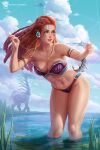  1girl abs aloy_(horizon) armlet beads bent_over bikini body_freckles braid breasts cleavage cloud cloudy_sky collarbone day earpiece facial_tattoo fingernails fish fishing fishing_line forehead freckles green_eyes hair_beads hair_ornament hair_slicked_back hairlocs highres holographic_interface horizon_zero_dawn large_breasts lips long_hair multiple_braids navel nose orange_hair pink_lips prywinko purple_bikini sky solo_focus strapless strapless_bikini swimsuit tallneck_(horizon) tattoo thick_eyebrows wading water wet 