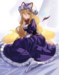  1girl blonde_hair breasts cleavage closed_mouth commentary_request dress eyebrows_visible_through_hair hair_between_eyes hat highres long_hair looking_at_viewer medium_breasts mob_cap puffy_short_sleeves puffy_sleeves purple_dress purple_eyes rin_falcon short_sleeves socks solo touhou white_headwear yakumo_yukari 