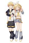  1boy 1girl arm_behind_back black_legwear black_shorts blonde_hair blush bow brother_and_sister closed_eyes collarbone commentary detached_sleeves full_body grey_legwear grey_shorts grey_sleeves hair_between_eyes hair_bow hand_on_own_chin headset kagamine_len kagamine_rin long_hair looking_at_viewer navel necktie open_mouth orange_belt sailor_collar shimada71_72 shirt short_hair shorts siblings simple_background sparkle standing symbol_commentary twintails vocaloid waving white_background white_bow white_shirt yellow_eyes yellow_neckwear 