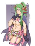  1girl areolae artist_name blush bow breasts cape commentary cosplay english_commentary fire_emblem fire_emblem_awakening garter_straps gloves green_eyes green_hair grey_background hair_ornament hair_ribbon highres large_breasts long_hair navel nervous nowi_(fire_emblem) nowi_(fire_emblem)_(cosplay) pink_bow pointy_ears ponytail red_ribbon ribbon samanator_club solo thighhighs tiara tiki_(fire_emblem) two-tone_background white_background 