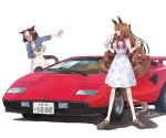  2girls animal_ears brown_hair brown_tail car commentary dizzy_(feeling) double_thumbs_up dress floral_print ground_vehicle highres horse_ears horse_girl horse_tail jacket jacket_on_shoulders lamborghini license_plate maruzensky_(umamusume) motor_vehicle multicolored_hair multiple_girls object_namesake platform_footwear shaded_face shimady24 short_dress short_sleeves special_week_(umamusume) sports_car tail tearing_up thumbs_up two-tone_hair umamusume white_hair 