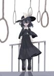 1girl absurdres bangs black_capelet black_footwear black_hair black_headwear black_skirt bow brown_eyes capelet closed_mouth cross-laced_footwear fedora fence full_body hat hat_bow highres holding long_sleeves looking_at_viewer murayo noose rope scar shirt short_hair simple_background skirt solo standing touhou usami_renko white_background white_bow white_shirt 