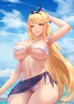  1girl arm_behind_head arm_up armpits azto_dio bangs bare_shoulders bikini blonde_hair blue_sky blush breasts chest_jewel cleavage collarbone earrings hairband highres jewelry large_breasts long_hair looking_at_viewer mythra_(xenoblade) navel o-ring ocean open_mouth sarong sidelocks sky smile swept_bangs swimsuit thighs white_bikini xenoblade_chronicles_(series) xenoblade_chronicles_2 yellow_eyes 