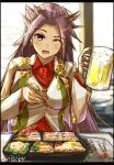  1girl alcohol beer beer_mug blush breasts chopsticks cup earrings food highres jewelry jun&#039;you_(kancolle) kantai_collection large_breasts long_hair looking_at_viewer magatama mug one_eye_closed purple_eyes purple_hair seitei_(04seitei) smile spiked_hair 