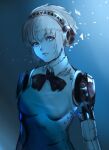  1girl absurdres aegis_(persona) android blonde_hair blue_eyes breasts expressionless head_tilt highres kowai_(iamkowai) limited_palette looking_at_viewer mechanical_arms medium_breasts persona persona_3 robot_ears short_hair solo upper_body 