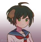  1girl ahoge animal_ears bangs blue_sailor_collar blush brown_hair closed_mouth collarbone commentary danganronpa_(series) danganronpa_another_episode:_ultra_despair_girls dog_ears gradient gradient_background green_eyes highres looking_at_viewer naegi_komaru neckerchief portrait sailor_collar school_uniform shirt short_hair simple_background smile solo twitter_username upper_body white_shirt yuri-usagi 