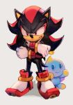  1boy 1other black_hair black_skin blue_skin chao_(sonic) colored_skin gloves hedgehog hungry_clicker looking_at_viewer red_eyes serious shadow_the_hedgehog shoes smile sonic_(series) spiked_hair traditional_media white_gloves 