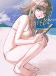  1girl :o bad_feet bangs bare_arms bare_legs bare_shoulders barefoot beach bikini blush breasts brown_eyes brown_hair cleavage collarbone commentary_request danganronpa_(series) danganronpa_2:_goodbye_despair danganronpa_s:_ultimate_summer_camp day flipped_hair from_side hair_ornament hairclip highres holding holding_phone large_breasts looking_at_viewer nanami_chiaki outdoors phone solo swimsuit visket53 white_bikini 