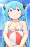  1girl abmayo absurdres ball beachball bikini blue_sky breasts cleavage commentary_request day hatsune_miku highres long_hair looking_at_viewer sky smile solo striped striped_bikini swimsuit twintails upper_body very_long_hair vocaloid 