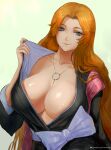  1girl bleach blue_eyes bow breasts cleavage closed_mouth japanese_clothes jewelry kimono large_breasts long_hair matsumoto_rangiku mole mole_under_mouth necklace nextoad orange_hair robe smile 