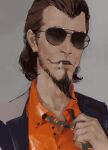  000cocktail000 1girl blue_jacket brown_background cigarette facial_hair glasses goatee jacket jigen_daisuke looking_at_viewer lupin_iii orange_shirt removing_neckwear shirt simple_background 