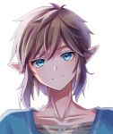  1boy bangs blonde_hair blue_eyes blue_shirt brown_hair closed_mouth collarbone commentary_request eyebrows_visible_through_hair highres jewelry link looking_at_viewer male_focus pointy_ears portrait seri_(yuukasakura) shirt short_hair simple_background smile solo the_legend_of_zelda the_legend_of_zelda:_breath_of_the_wild upper_body white_background 
