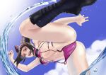 absurdres bikini black_footwear black_hair black_nails blue_sky boots cross-laced_footwear day fighting_game han_juri highres knee_boots lace-up_boots looking_at_viewer nail_polish sky street_fighter street_fighter_v swimsuit water yagi_(joe731842) 