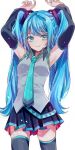  1girl armpits arms_up bangs black_legwear black_skirt black_sleeves blue_eyes blue_hair blue_neckwear closed_mouth collared_shirt cowboy_shot detached_sleeves dress_shirt eyebrows_visible_through_hair floating_hair frilled_shirt frills grey_shirt hatsune_miku highres long_hair long_sleeves looking_at_viewer miniskirt necktie nidanmepile pleated_skirt shiny shiny_hair shirt simple_background skirt sleeveless sleeveless_shirt smile solo standing thighhighs twintails very_long_hair vocaloid white_background wing_collar zettai_ryouiki 