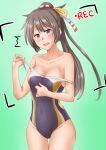  1girl ^^^ anti_(untea9) bare_shoulders brown_hair clothes_pull commentary_request competition_swimsuit cowboy_shot gradient gradient_background green_background grey_swimsuit hair_ribbon highres kantai_collection kazagumo_(kancolle) long_hair looking_at_viewer one-piece_swimsuit ponytail recording ribbon silver_eyes solo swimsuit swimsuit_pull thigh_gap 