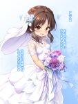  1girl blush bouquet braid bridal_veil bride brown_eyes brown_hair dress elbow_gloves flower gloves highres holding holding_bouquet idolmaster idolmaster_cinderella_girls japanese_clothes musouzuki rose tachibana_arisu veil wedding_dress white_dress white_gloves 