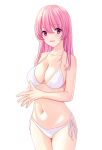 1girl :d absurdres bangs bare_arms bare_shoulders bikini blush breasts cleavage collarbone cowboy_shot eyebrows_visible_through_hair hair_between_eyes highres large_breasts long_hair looking_at_viewer marui_koishi navel open_mouth original own_hands_together pink_eyes pink_hair ribbon side-tie_bikini smile solo stomach straight_hair swimsuit white_bikini white_ribbon 