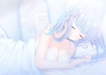  1girl :o ahoge amatsuka_uto bangs bare_arms bare_shoulders bed_sheet blue_hair blurry blurry_background blush breasts cleavage closed_mouth collarbone commentary_request depth_of_field deyui dress eyebrows_visible_through_hair facing_viewer hair_ornament hairclip indie_virtual_youtuber indoors lying medium_breasts mirror on_side one_side_up parted_lips pillow reflection signature sleeping solo under_covers virtual_youtuber white_dress wing_hair_ornament 