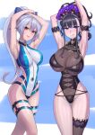  2girls armlet armpits arms_behind_head arms_up bangs bare_shoulders black_gloves black_swimsuit blue_bow blue_swimsuit blush bow breasts covered_navel fate/grand_order fate_(series) fingerless_gloves flower gloves gold_trim hair_between_eyes hair_bow hair_flower hair_ornament hair_up half_gloves highleg highleg_swimsuit highres large_breasts long_hair looking_at_viewer multiple_girls murasaki_shikibu_(fate) murasaki_shikibu_(swimsuit_rider)_(fate) one-piece_swimsuit open_mouth ponytail purple_eyes purple_hair red_eyes shichitsufuji silver_hair smile swimsuit thigh_strap thighs tied_hair tomoe_gozen_(fate) tomoe_gozen_(swimsuit_saber)_(fate) two-tone_swimsuit white_swimsuit 