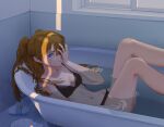  1girl bare_arms bare_legs bathing bathroom bathtub black_bra black_panties blue_eyes bra breasts collarbone commentary dark english_commentary feet_out_of_frame hand_over_eye highres indoors long_hair looking_at_viewer lotion_bottle navel neon_genesis_evangelion one_eye_covered orange_hair panties parted_lips partially_submerged phina_(jinahou) ripples shirt_removed small_breasts solo souryuu_asuka_langley tile_floor tiles twintails underwear underwear_only 