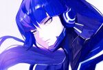  1boy absurdres androgynous bangs blue_hair collarbone eyelashes hair_between_eyes highres kanmiya_shinobu long_hair looking_at_viewer male_focus protagonist_(smtv) purple_hair shin_megami_tensei shin_megami_tensei_v simple_background solo very_long_hair yellow_eyes 