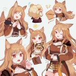  1girl 6+girls :d :q absurdres animal_ears apron arknights artist_name bear_ears bear_girl blonde_hair boots breasts brown_dress brown_footwear brown_hair ceobe_(arknights) chibi dog_ears dog_girl dress fang food food_on_face gloves gummy_(arknights) highres holding holding_cookie holding_spoon hungry infection_monitor_(arknights) large_breasts long_hair multiple_girls multiple_persona open_mouth red_eyes rippajun skin_fang smile spoon staff thigh_boots thighhighs thighs tongue tongue_out white_background yellow_apron yellow_gloves 
