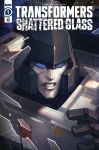  1boy blue_eyes broken_glass comic_cover copyright_name cover cover_page decepticon english_commentary glass highres logo mecha megatron megatron_(shattered_glass) no_humans official_art open_hand parted_lips sara_p-d science_fiction solo transformers transformers_shattered_glass upper_body 