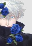  1boy bangs black_jacket blue_eyes blue_flower blue_rose closed_mouth eyelashes flower gojou_satoru hair_between_eyes high_collar highres jacket jujutsu_kaisen looking_at_viewer male_focus portrait rose shiki_(shiki_no) short_hair simple_background smile solo white_background white_hair 