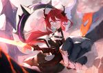  1girl absurdres arknights bare_shoulders collar demon demon_girl demon_horns dress floating_hair highres holding holding_weapon horns huge_filesize jacket looking_at_viewer molten_rock purple_eyes red_hair spiked_collar spikes surtr_(arknights) sword unchiganiowanai weapon 