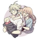  1girl 2boys :d ambiguous_gender baby bangs blonde_hair cheer_(cheerkitty14) child circle collarbone danganronpa_(series) danganronpa_v3:_killing_harmony family grey_background grey_eyes grey_shirt grin happy highres holding_another holding_baby if_they_mated iruma_miu keebo multiple_boys open_mouth pointing shiny shiny_hair shirt short_hair short_sleeves shorts smile teeth 