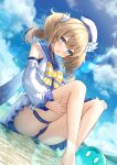  1girl :o barbara_(genshin_impact) barbara_(summertime_sparkle)_(genshin_impact) bare_legs bare_shoulders barefoot blonde_hair blue_eyes blue_sailor_collar blue_sky blue_swimsuit blush bow casual_one-piece_swimsuit cloud creature day detached_sleeves dutch_angle genshin_impact hat highres jori lens_flare long_hair long_sleeves official_alternate_costume one-piece_swimsuit open_clothes open_mouth sailor_collar sailor_hat shallow_water skindentation sky slime_(genshin_impact) solo striped striped_bow swimsuit swimsuit_under_clothes thigh_strap twintails water white_headwear yellow_bow 