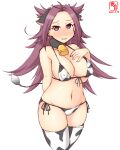  1girl alternate_costume animal_ears animal_print artist_logo bell bikini breasts commentary_request covered_nipples cow_ears cow_horns cow_print cow_tail cowbell cowboy_shot dated ear_tag fake_animal_ears fake_horns front-tie_top highres horns jun&#039;you_(kancolle) kanon_(kurogane_knights) kantai_collection large_breasts long_hair micro_bikini one-hour_drawing_challenge purple_eyes purple_hair side-tie_bikini simple_background solo spiked_hair swimsuit tail thighhighs white_background white_bikini white_legwear 
