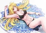  1girl bikini black_bikini blonde_hair breasts cleavage collarbone cowboy_shot fate_testarossa front-tie_top large_breasts looking_at_viewer lying lyrical_nanoha mahou_shoujo_lyrical_nanoha_strikers navel red_eyes solo sougetsu_izuki swimsuit 