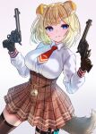  1girl animal_ears bangs black_gloves blonde_hair blue_eyes breasts brown_legwear brown_skirt collared_shirt colt_single_action_army cowboy_shot dog_ears dog_girl dog_tail eyebrows_visible_through_hair gloves gun high-waist_skirt highres holding holding_gun holding_weapon hololive hololive_english inari_(ambercrown) kemonomimi_mode large_breasts long_sleeves looking_at_viewer necktie parted_lips plaid plaid_skirt pleated_skirt pocket_watch red_neckwear revolver shirt short_hair simple_background skirt smile solo tail thigh_strap thighhighs trigger_discipline underbust watch watson_amelia weapon white_background white_shirt zettai_ryouiki 