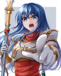  1girl armor blue_eyes blue_hair border breastplate caeda_(fire_emblem) fire_emblem fire_emblem:_mystery_of_the_emblem floating_hair gloves grey_background holding holding_spear holding_weapon index_finger_raised long_hair looking_at_viewer open_mouth outside_border polearm shiny shiny_hair shoulder_armor solo spear ten_(tenchan_man) upper_body v-shaped_eyebrows very_long_hair weapon white_border white_gloves 