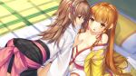  2girls black_skirt blonde_hair bow breast_grab breasts brown_hair collarbone game_cg grabbing hair_ribbon indoors japanese_clothes kimono kurokawa_izumi long_hair long_sleeves mononofu_~shirayuri_kassen_maihime~ multiple_girls nipples official_art open_mouth pink_bow pleated_skirt red_ribbon ribbon shiny shiny_hair shirt skirt small_breasts very_long_hair white_kimono white_ribbon white_shirt yuri 