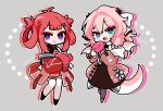  2girls arthropod_girl atelier_live blue_eyes crab crab_girl dragon_girl dragon_horns eyebrows_visible_through_hair fang goma_yammy hair_ribbon horns kani_kanizawa kuzuryu_io long_sleeves looking_at_viewer multiple_girls pink_hair purple_eyes red_hair ribbon virtual_youtuber wings 