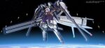  1girl advance_of_zeta alice_gear_aegis an-chang bangs blue_skirt character_request cloak commission expressionless flat_chest floating grey_hair gundam halo haze&#039;n-thley_ii highres looking_at_viewer mecha_musume purple_eyes science_fiction skeb_commission skirt solo space thrusters 